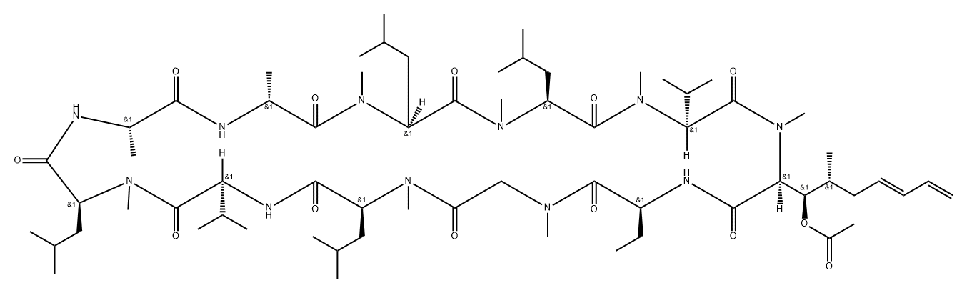 Cyclosporin A, 6-[(2S,3R,4R,6E)-3-(acetyloxy)-4-methyl-2-(methylamino)-6,8-nonadienoic acid]- Structure