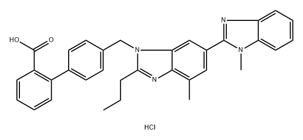 [1,1'-Biphenyl]-2-carboxylic acid, 4'-[(1,4'-dimethyl-2'-propyl[2,6'-bi-1H-benzimidazol]-1'-yl)methyl]-, hydrochloride (1:1) 구조식 이미지