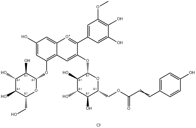 1-Benzopyrylium, 2-(3,4-dihydroxy-5-methoxyphenyl)-5-(β-D-glucopyranosyloxy)-7-hydroxy-3-[[6-O-[3-(4-hydroxyphenyl)-1-oxo-2-propen-1-yl]-β-D-glucopyranosyl]oxy]-, chloride (1:1) Structure