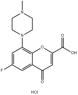 4H-1-Benzopyran-2-carboxylic acid, 6-fluoro-8-(4-methyl-1-piperazinyl)-4-oxo-, hydrochloride (1:1) Structure