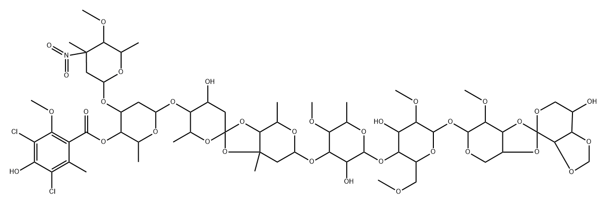 β-D-Mannopyranoside, O-(1R)-2,3-O-methylene-L-arabinopyranosylidene-(1→3-4)-2-O-methyl-α-L-lyxopyranosyl O-2,3,6-trideoxy-3-C-methyl-4-O-methyl-3-nitro-α-L-arabino-hexopyranosyl-(1→3)-O-2,6-dideoxy-4-O-(3,5-dichloro-4-hydroxy-2-methoxy-6-methylbenzoyl)-β-D-arabino-hexopyranosyl-(1→4)-O-2,6-dideoxy-D-arabino-hexopyranosylidene-(1→3-4)-O-2,6-dideoxy-3-C-methyl-β-D-arabino-hexopyranosyl-(1→3)-O-6-deoxy-4-O-methyl-β-D-galactopyranosyl-(1→4)-2,6-di-O-methyl- 구조식 이미지