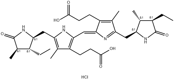 21H-Biline-8,12-dipropanoic acid, 3,18-diethyl-1,2,3,4,5,15,16,17,18,19,22,24-dodecahydro-2,7,13,17-tetramethyl-1,19-dioxo-, hydrochloride, (2R,3R,4S,16S,17R,18R)- (9CI) Structure