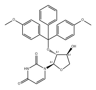 2,4(1H,3H)-Pyrimidinedione, 1-[(2R,3R,4S)-3-[bis(4-methoxyphenyl)phenylmethoxy]tetrahydro-4-hydroxy-2-furanyl]- 구조식 이미지