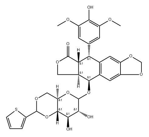 Furo[3',4':6,7]naphtho[2,3-d]-1,3-dioxol-6(5aH)-one, 5,8,8a,9-tetrahydro-5-(4-hydroxy-3,5-dimethoxyphenyl)-9-[[4,6-O-(2-thienylmethylene)-D-glucopyranosyl]oxy]-, [5R-(5α,5aβ,8aα,9β)]- (9CI) Structure