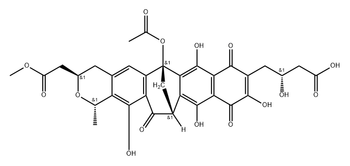 6,13-Methanonaphtho[2',3':5,6]cyclohepta[1,2-g]-2-benzopyran-9-butanoic acid, 6-(acetyloxy)-1,3,4,6,8,11,13,14-octahydro-β,7,10,12,15-pentahydroxy-3-(2-methoxy-2-oxoethyl)-1-methyl-8,11,14-trioxo-, (βR,1S,3R,6S,13R)- (9CI) Structure