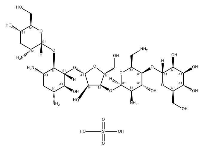 d-Streptamine, O-2-amino-2,3-dideoxy-alpha-d-ribo-hexopyranosyl-(1->4)-O-[O-alpha-d-mannopyranosyl-(1->4)-O-2,6-diamino-2,6-dideoxy-beta-l-idopyranosyl-(1->3)-beta-d-ribofuranosyl-(1->5)]-2-deoxy-, sulfate (salt) 구조식 이미지