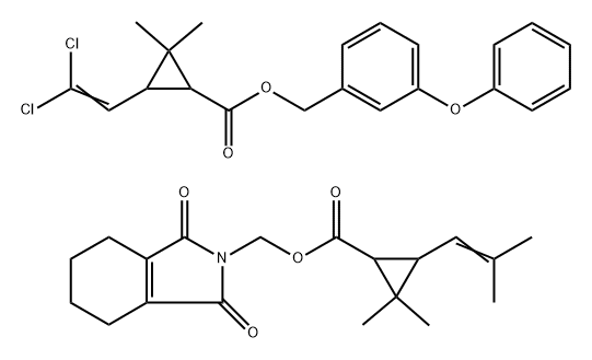Cyclopropanecarboxylic acid,3-(2,2-dichloroethenyl)-2,2-dimethyl-,(3-phenoxyphenyl)methyl ester,mixt. with (1,3,4,5,6,7-hexahydro-1,3-dioxo-2Hisoindol- 2-yl)methyl 2,2-dimethyl-3-(2-methyl-1-propenyl)cyclopropanecarboxylate 구조식 이미지
