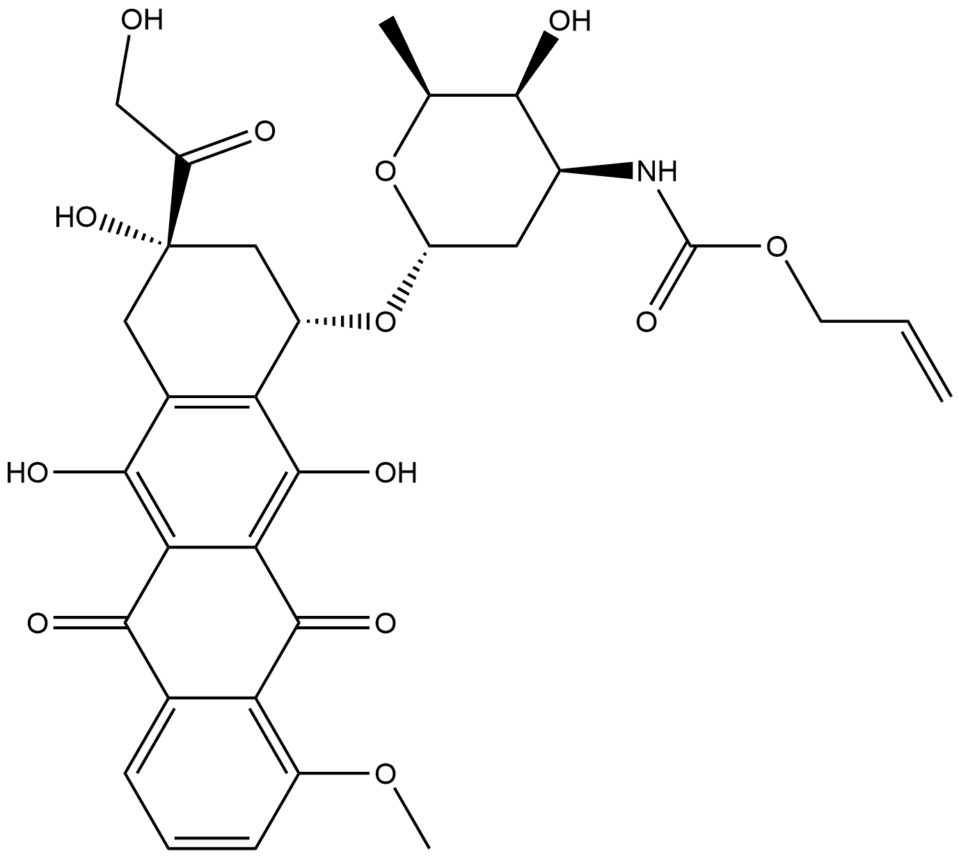 5,12-Naphthacenedione, 7,8,9,10-tetrahydro-6,8,11-trihydroxy-8-(1-hydroxyacetyl)-1-methoxy-10-[[2,3,6-trideoxy-3-[[(2-propen-1-yloxy)carbonyl]amino]-α-L-lyxo-hexopyranosyl]oxy]-, (8S,10S)- Structure