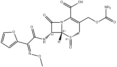 5-Thia-1-azabicyclo[4.2.0]oct-2-ene-2-carboxylic acid, 3-[[(aminocarbonyl)oxy]methyl]-7-[[2-furanyl(methoxyimino)acetyl]amino]-8-oxo-, 5-oxide, [5S-[5α,6β,7α(Z)]]- (9CI) 구조식 이미지