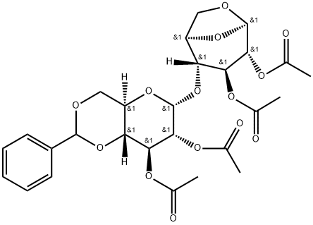 β-D-Glucopyranose, 1,6-anhydro-4-O-[2,3-di-O-acetyl-4,6-O-(phenylmethylene)-α-D-glucopyranosyl]-, diacetate (9CI) Structure