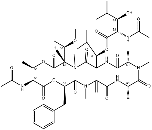 L-Threonine, N-acetyl-L-threonyl-(αR)-α-hydroxybenzenepropanoyl-2,3-didehydro-N-methylalanyl-L-alanyl-N-methyl-L-alanyl-(3R)-3-[[(2S,3R)-2-(acetylamino)-3-hydroxy-4-methyl-1-oxopentyl]oxy]-L-leucyl-N,O-dimethyl-, (7→1)-lactone Structure