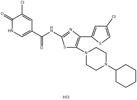 3-Pyridinecarboxamide, 5-chloro-N-[4-(4-chloro-2-thienyl)-5-(4-cyclohexyl-1-piperazinyl)-2-thiazolyl]-1,6-dihydro-6-oxo-, hydrochloride (1:) Structure