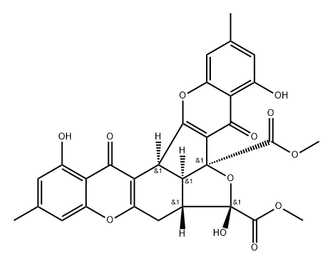 Furo[2',3',4':3,4]indeno[1,2-b:6,7-b']bis[1]benzopyran-5b,7(5H)-dicarboxylic acid, 7,7a,7b,8,14,14b-hexahydro-4,7,13-trihydroxy-2,11-dimethyl-5,14-dioxo-, dimethyl ester, (5bS,7S,7aR,7bR,14bS)- Structure