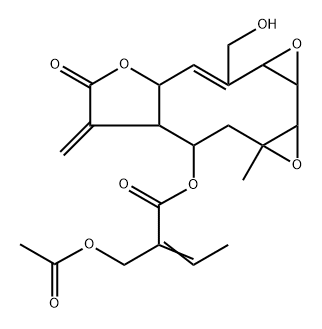 (Z)-2-Acetoxymethyl-2-butenoic acid [(1aR,1bS,2aS,3Z,4aR,7aR,8R,9aR)-1a,1b,2a,4a,6,7,7a,8,9,9a-decahydro-3-hydroxymethyl-9a-methyl-7-methylene-6-oxobisoxireno[5,6:7,8]cyclodeca[1,2-b]furan-8-yl] ester 구조식 이미지