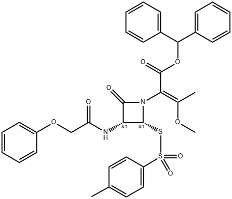 benzhydryl [2R-[1(Z),2alpha,3alpha]]-alpha-(1-methoxyethylidene)-4-oxo-3-[(phenoxyacetyl)amino]-2-[[(p-tolyl)sulphonyl]thio]azetidine-1-acetate 구조식 이미지