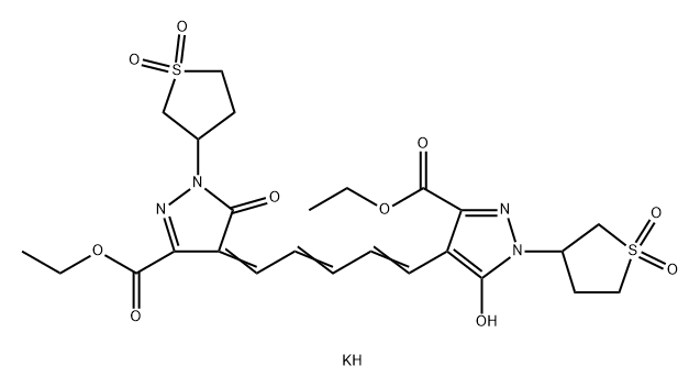 1H-Pyrazole-3-carboxylic acid, 4-[5-[3-(ethoxycarbonyl)-5-hydroxy-1-(tetrahydro-3-thienyl)-1H-pyrazol-4-yl]-2,4-pentadienylidene]-4,5-dihydro-5-oxo-1-(tetrahydro-3-thienyl)-, ethyl ester, S,S,S',S'-tetraoxide, potassium salt 구조식 이미지