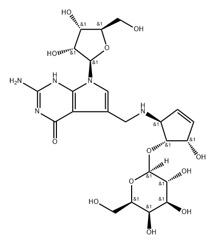 4H-Pyrrolo[2,3-d]pyrimidin-4-one, 2-amino-5-[[[(1S,4S,5R)-5-(β-D-galactopyranosyloxy)-4-hydroxy-2-cyclopenten-1-yl]amino]methyl]-3,7-dihydro-7-β-D-ribofuranosyl- Structure