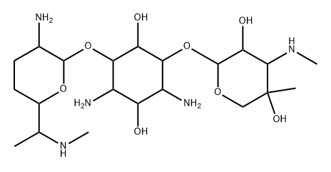 D-Streptamine, O-2-amino-2,3,4,6,7-pentadeoxy-6-(methylamino)-α-D-ribo-heptopyranosyl-(1→4)-O-[3-deoxy-4-C-methyl-3-(methylamino)-β-L-arabinopyranosyl-(1→6)]- (9CI) Structure