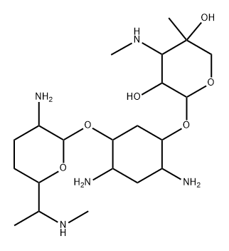 D-Streptamine, O-2-amino-2,3,4,6,7-pentadeoxy-6-(methylamino)-α-D-ribo-heptopyranosyl-(1→4)-O-[3-deoxy-4-C-methyl-3-(methylamino)-β-L-arabinopyranosyl-(1→6)]-2,5-dideoxy- (9CI) Structure