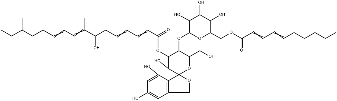 1,1-O-(4,6-Dihydroxy-1,2-phenylenemethylene)-4-O-[6-O-(1-oxo-2,4-decadienyl)-β-D-galactopyranosyl]-α-D-glucopyranose 3-(7-hydroxy-8,14-dimethylhexadeca-2,4,8,10-tetraenoate) 구조식 이미지