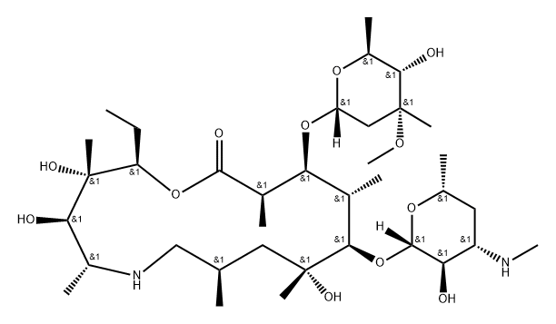 1-Oxa-6-azacyclopentadecan-15-one, 13-[(2,6-dideoxy-3-C-methyl-3-O-methyl-α-L-ribo-hexopyranosyl)oxy]-2-ethyl-3,4,10-trihydroxy-3,5,8,10,12,14-hexamethyl-11-[[3,4,6-trideoxy-3-(methylamino)-β-D-xylo-hexopyranosyl]oxy]-, (2R,3S,4R,5R,8R,10R,11R,12S,13S,14R)- Structure