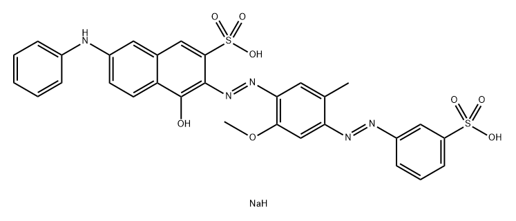 2-Naphthalenesulfonic acid, 4-hydroxy-3-[2-[2-methoxy-5-methyl-4-[2-(3-sulfophenyl)diazenyl]phenyl]diazenyl]-7-(phenylamino)-, sodium salt (1:2) 구조식 이미지