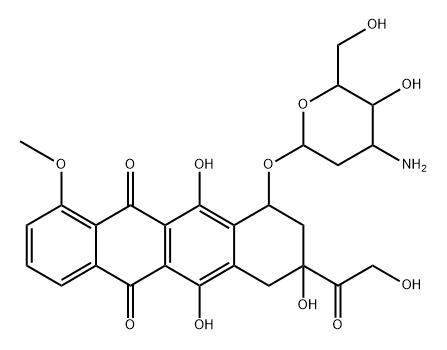 5,12-Naphthacenedione, 10-((3-amino-2,3-dideoxy-alpha-L-ribo-hexopyran osyl)oxy)-7,8,9,10-tetrahydro-6,8,11-trihydroxy-8-(hydroxyacetyl)-1-me thoxy-, (8S-cis)- 구조식 이미지