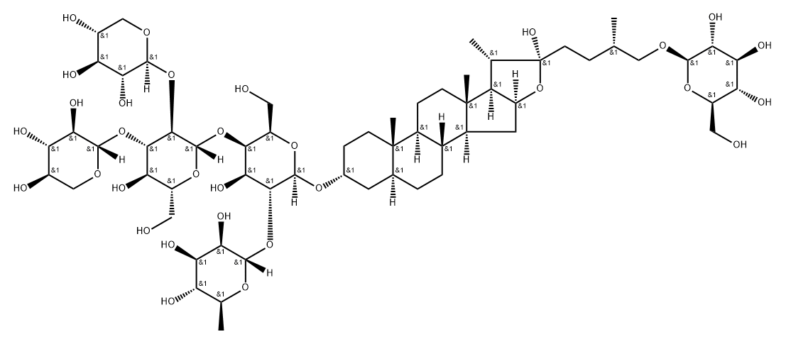 β-D-Glucopyranoside, (3α,5α,22α,25S)-26-(β-D-glucopyranosyloxy)-22-hydroxyfurostan-3-yl O-β-D-xylopyranosyl-(1→2)-O-[β-D-xylopyranosyl-(1→3)]-O-β-D-glucopyranosyl-(1→4)-O-[6-deoxy-α-L-mannopyranosyl-(1→2)]- Structure