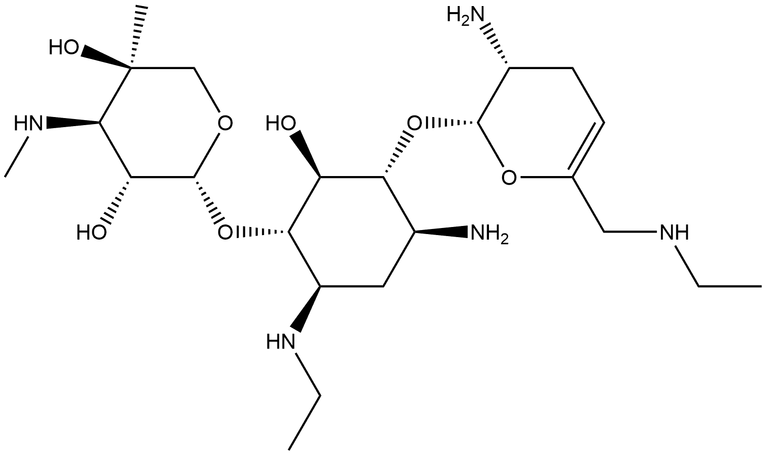 D-Streptamine, O-2-amino-2,3,4,6-tetradeoxy-6-(ethylamino)-α-D-glycero-hex-4-enopyranosyl-(1→4)-O-[3-deoxy-4-C-methyl-3-(methylamino)-β-L-arabinopyranosyl-(1→6)]-2-deoxy-N1-ethyl- Structure