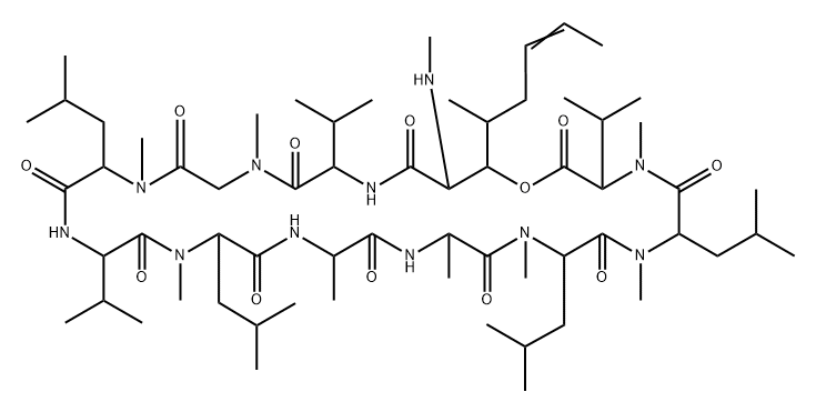Cyclo[Sar-N-methyl-L-Leu-L-Val-N-methyl-L-Leu-L-Ala-D-Ala-N-methyl-L-Leu-N-methyl-L-Leu-N-methyl-L-Val-[[(2S,3R,4R,6E)-3-hydroxy*-2-methylamino-4-methyl-6-octenoyl]-L-Val-]] Structure