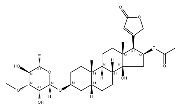 16β-Acetoxy-3β-[(6-deoxy-3-O-methyl-α-L-mannopyranosyl)oxy]-14-hydroxy-5β-card-20(22)-enolide Structure