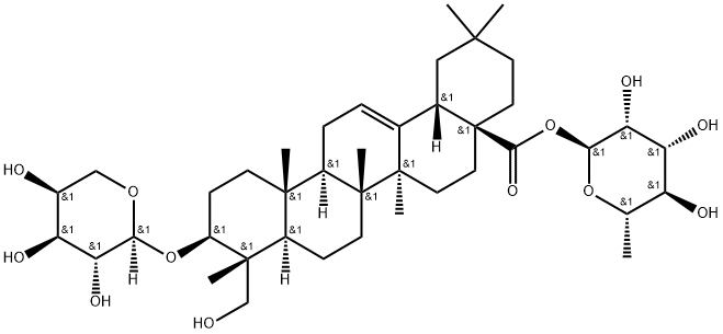 Olean-12-en-28-oic acid, 3-(α-L-arabinopyranosyloxy)-23-hydroxy-, 6-deoxy-α-L-mannopyranosyl ester, (3β,4α)- Structure