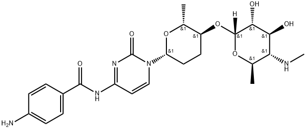 4-Amino-N-[1-[(2R)-5α-[[4,6-dideoxy-4-(methylamino)-α-D-glucopyranosyl]oxy]tetrahydro-6β-methyl-2H-pyran-2β-yl]-1,2-dihydro-2-oxopyrimidin-4-yl]benzamide Structure