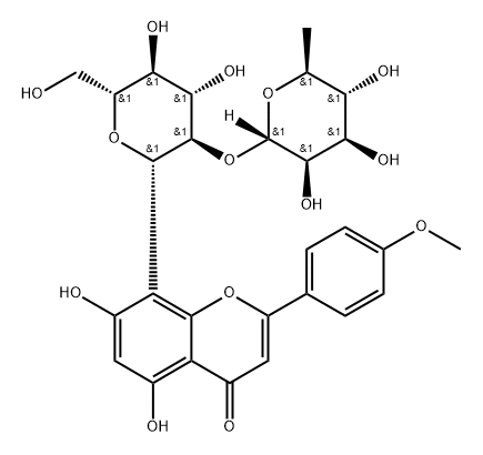 4H-1-Benzopyran-4-one, 8-[2-O-(6-deoxy-α-L-mannopyranosyl)-β-D-glucopyranosyl]-5,7-dihydroxy-2-(4-methoxyphenyl)- 구조식 이미지