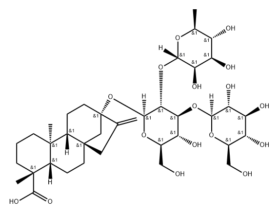 Kaur-16-en-18-oic acid, 13-[(O-6-deoxy-α-L-mannopyranosyl-(1→2)-O-[β-D-glucopyranosyl-(1→3)]-β-D-glucopyranosyl)oxy]-, (4α)- Structure