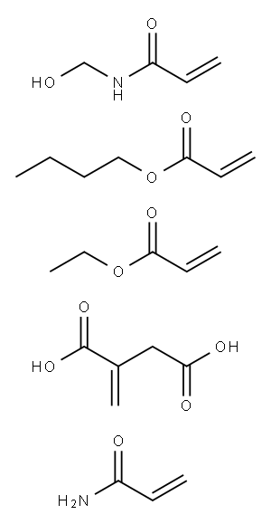 Butanedioic acid, methylene-, polymer with butyl 2-propenoate, ethyl 2-propenoate, N-(hydroxymethyl)-2-propenamide and 2-propenamide 구조식 이미지