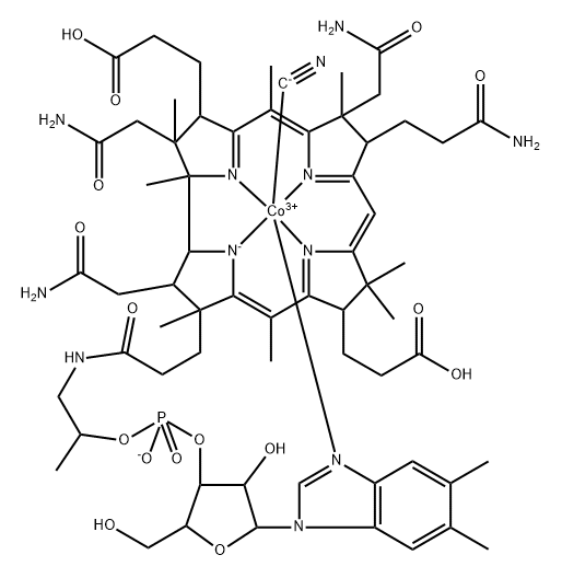 Cobinic acid-acdg-tetramide, Co-(cyano-κC)-, dihydrogen phosphate (ester), inner salt, 3'-ester with (5,6-dimethyl-1-α-D-ribofuranosyl-1H-benzimidazole-κN3) (9CI) Structure