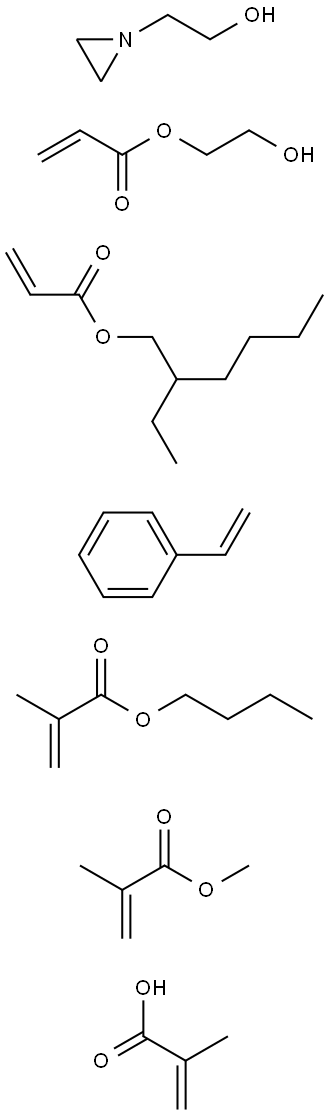 2-Propenoic acid, 2-methyl-, polymer with butyl 2-methyl-2-propenoate, ethenylbenzene, 2-ethylhexyl 2-propenoate, 2-hydroxyethyl 2-propenoate and methyl 2-methyl-2-propenoate, 1-aziridineethanol-terminated Structure