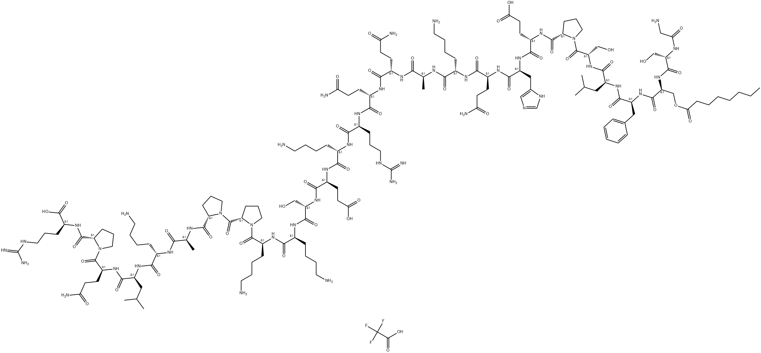 L-Arginine, glycyl-L-seryl-O-(1-oxooctyl)-L-seryl-L-phenylalanyl-L-leucyl-L-seryl-L-prolyl-L-α-glutamyl-L-histidyl-L-glutaminyl-L-lysyl-L-alanyl-L-glutaminyl-L-glutaminyl-L-arginyl-L-lysyl-L-α-glutamyl-L-seryl-L-lysyl-L-lysyl-L-prolyl-L-prolyl-L-alanyl-L-lysyl-L-leucyl-L-glutaminyl-L-prolyl-, trifluoroacetate (salt) Structure