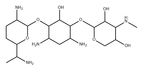 D-Streptamine, O-3-deoxy-3-(methylamino)-β-L-arabinopyranosyl-(1→6)-O-[2,6-diamino-2,3,4,6,7-pentadeoxy-α-D-ribo-heptopyranosyl-(1→4)]-2-deoxy- Structure