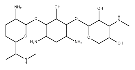 D-Streptamine, O-2-amino-2,3,4,6,7-pentadeoxy-6-(methylamino)-α-D-ribo-heptopyranosyl-(1→4)-O-[3-deoxy-3-(methylamino)-β-L-arabinopyranosyl-(1→6)]-2-deoxy- Structure