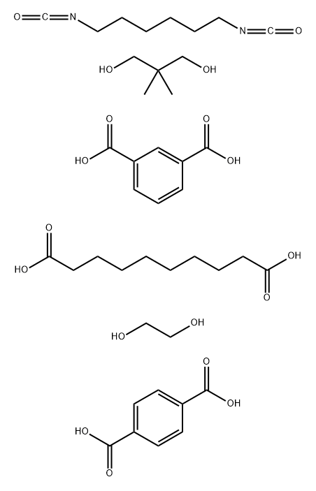 1,3-벤젠디카르복실산,데칸디오익산,1,4-디이소시아네이토헥산,1,6-디메틸-2,2-프로판디올및1,3-에탄디올이포함된1,2-벤젠디카르복실산중합체 구조식 이미지