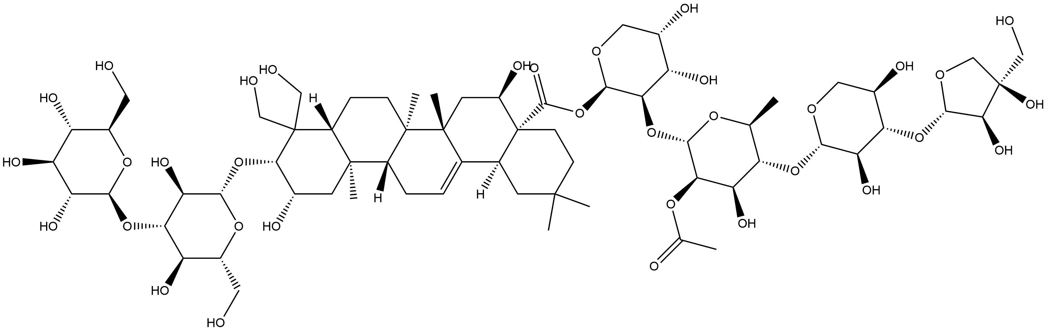 Olean-12-en-28-oic acid, 3-[(3-O-β-D-glucopyranosyl-β-D-glucopyranosyl)oxy]-2,16,23,24-tetrahydroxy-, O-D-apio-β-D-furanosyl-(1→3)-O-β-D-xylopyranosyl-(1→4)-O-2-O-acetyl-6-deoxy-α-L-mannopyranosyl-(1→2)-β-L-arabinopyranosyl ester, (2β,3β,16α)- (9CI) Structure