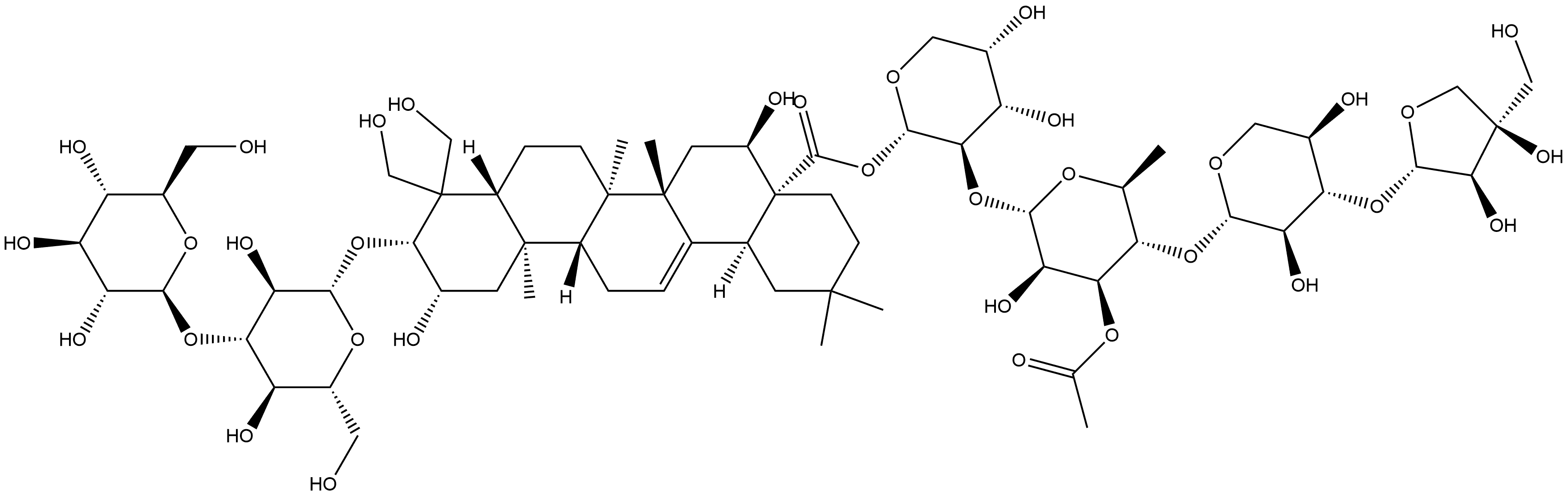 Olean-12-en-28-oic acid, 3-[(3-O-β-D-glucopyranosyl-β-D-glucopyranosyl)oxy]-2,16,23,24-tetrahydroxy-, O-D-apio-β-D-furanosyl-(1→3)-O-β-D-xylopyranosyl-(1→4)-O-3-O-acetyl-6-deoxy-α-L-mannopyranosyl-(1→2)-α-L-arabinopyranosyl ester, (2β,3β,16α)- 구조식 이미지