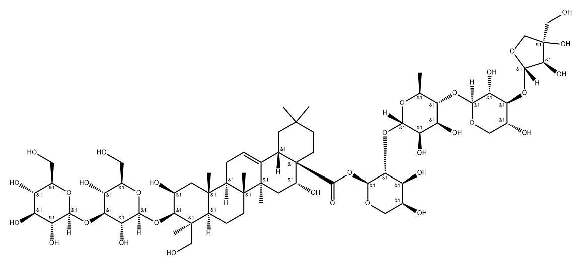 Olean-12-en-28-oic acid, 3-[(3-O-β-D-glucopyranosyl-β-D-glucopyranosyl)oxy]-2,16,23-trihydroxy-, O-D-apio-β-D-furanosyl-(1→3)-O-β-D-xylopyranosyl-(1→4)-O-6-deoxy-α-L-mannopyranosyl-(1→2)-α-L-arabinopyranosyl ester, (2β,3β,4β,16α)- Structure