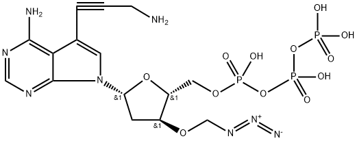 7H-Pyrrolo[2,3-d]pyrimidin-4-amine, 5-(3-amino-1-propyn-1-yl)-7-[3-O-(azidomethyl)-2-deoxy-5-O-[hydroxy[[hydroxy(phosphonooxy)phosphinyl]oxy]phosphinyl]-β-D-erythro-pentofuranosyl]- Structure