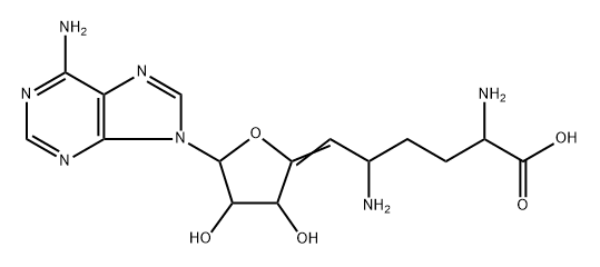 6,9-Diamino-1-(6-amino-9H-purin-9-yl)-1,5,6,7,8,9-hexadeoxy-Dec-4-enofuranuronic acid 구조식 이미지