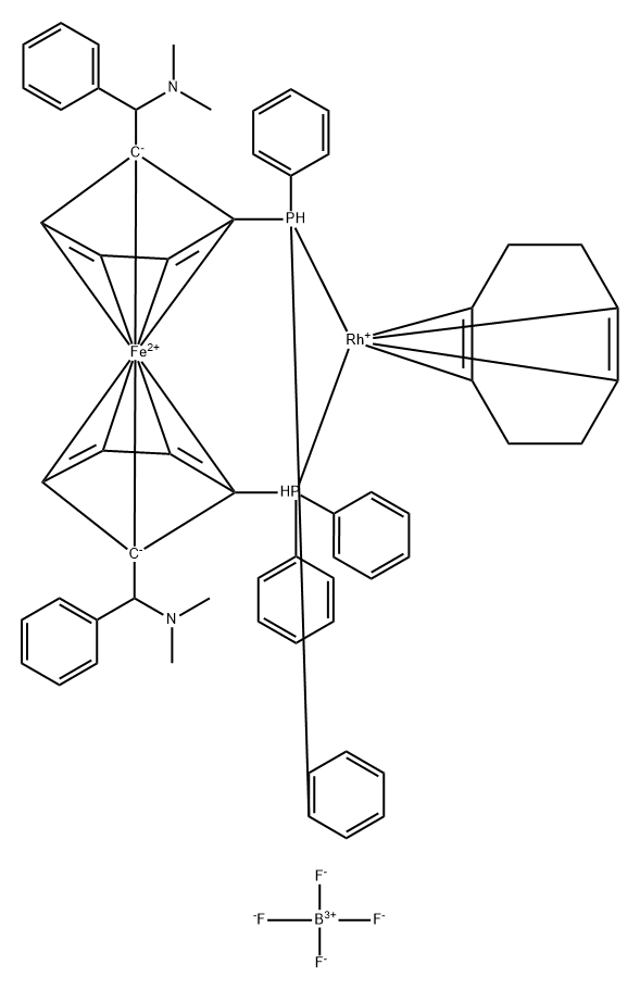 (ALPHA R, ALPHA''R'')-2,2''-BIS(A-N,N-DIMETHYLAMINOBENZYL)-(S,S)-1,1''-BIS-(DIPHENYLPHOSPHINO)-FERROCENE-(1,5-CYCLOOCTADIENE)-RHODIUM(I)]-TETRAFLUOROBORATE Structure