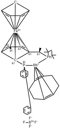 (R)-(-)-1-[(S)-2-(DIPHENYLPHOSPHINO)-FERROCENYL]-ETHYLDI-T-BUTYLPHOSPHINE-(1,5-CYCLOOCTADIENE)-RHODIUM(I)]-TETRAFLUOROBORATE 구조식 이미지