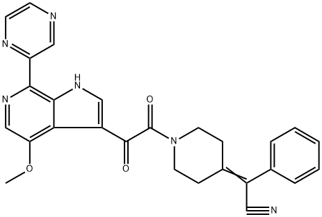 Benzeneacetonitrile, α-[1-[2-[4-Methoxy-7-(2-pyrazinyl)-1H-pyrrolo[2,3-c]pyridin-3-yl]-2-oxoacetyl]-4-piperidinylidene]- 구조식 이미지